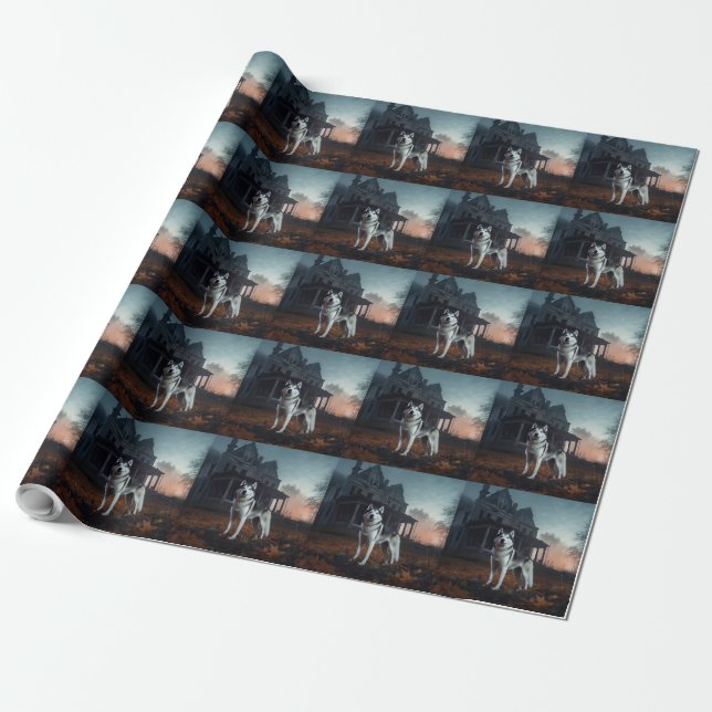 Siberian Husky Halloween Scary  Wrapping Paper (Unrolled)
