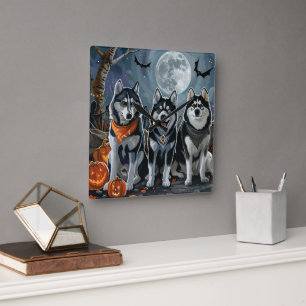 Siberian Husky Halloween Spooky  Square Wall Clock