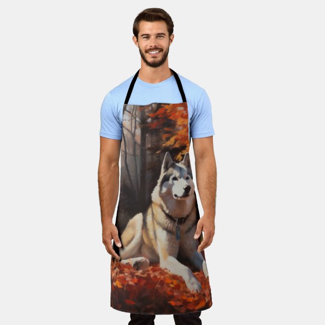 Siberian Husky in Autumn Leaves Fall Inspire  Apron (Worn)