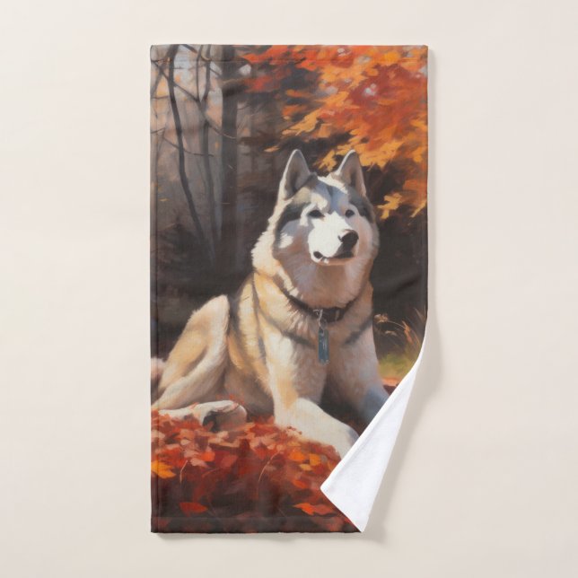 Siberian Husky in Autumn Leaves Fall Inspire  Bath Towel Set (Hand Towel)