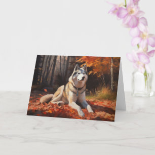 Siberian Husky in Autumn Leaves Fall Inspire  Card
