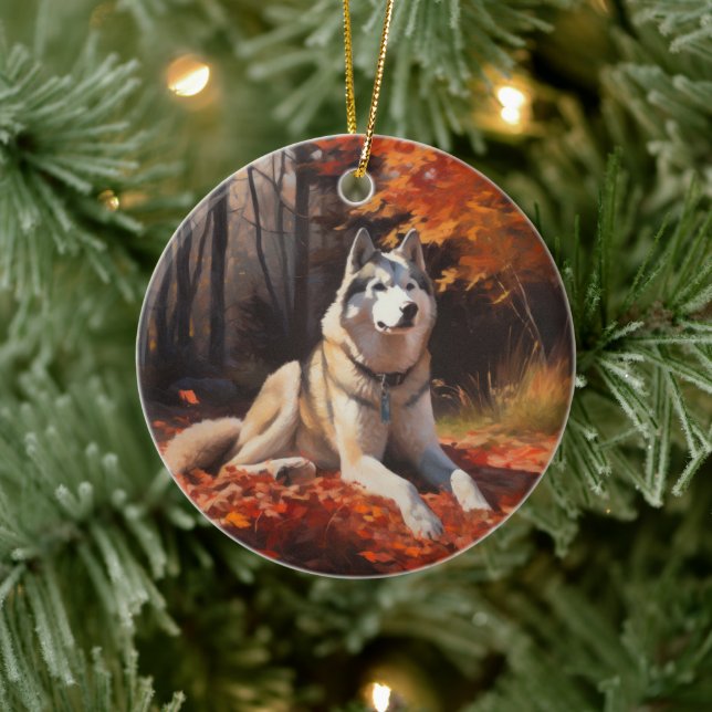 Siberian Husky in Autumn Leaves Fall Inspire  Ceramic Ornament (Tree)