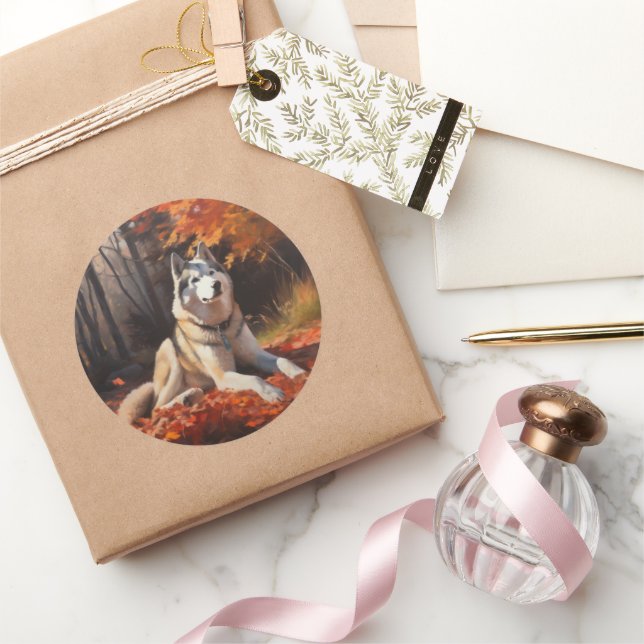 Siberian Husky in Autumn Leaves Fall Inspire  Classic Round Sticker (Gifting)