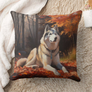 Siberian Husky in Autumn Leaves Fall Inspire  Cushion