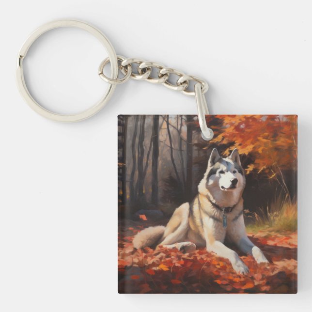Siberian Husky in Autumn Leaves Fall Inspire  Key Ring (Front)