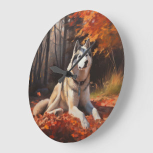Siberian Husky in Autumn Leaves Fall Inspire Large Clock