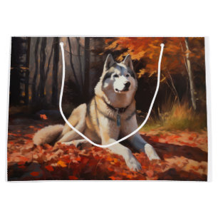 Siberian Husky in Autumn Leaves Fall Inspire Large Gift Bag