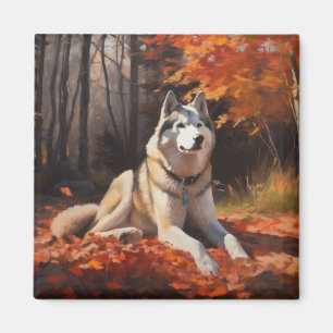Siberian Husky in Autumn Leaves Fall Inspire  Magnet