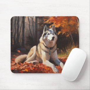 Siberian Husky in Autumn Leaves Fall Inspire  Mouse Pad