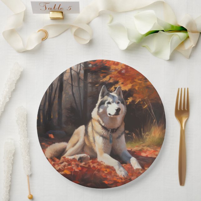 Siberian Husky in Autumn Leaves Fall Inspire  Paper Plate (Wedding)