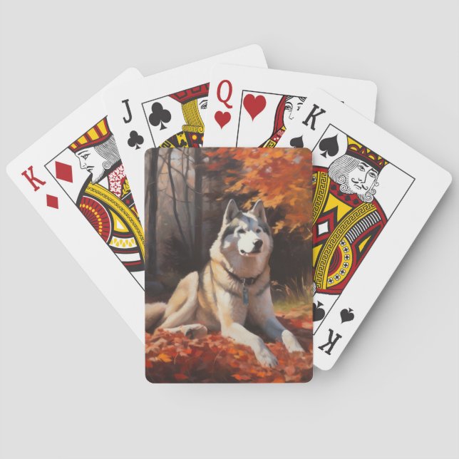 Siberian Husky in Autumn Leaves Fall Inspire  Playing Cards (Back)