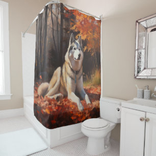 Siberian Husky in Autumn Leaves Fall Inspire  Shower Curtain