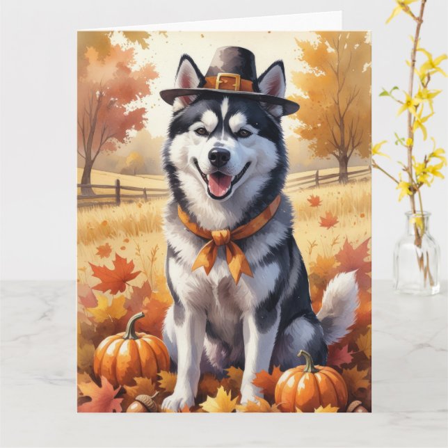 Siberian Husky In Autumn Leaves Thanksgiving Art  Card (Yellow Flower)