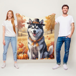 Siberian Husky In Autumn Leaves Thanksgiving Art  Fleece Blanket