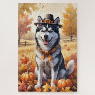 Siberian Husky In Autumn Leaves Thanksgiving Art Jigsaw Puzzle