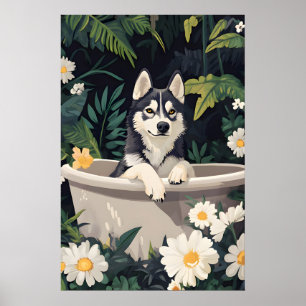 Siberian Husky In Bathtub Poster, Funny Dog Poster