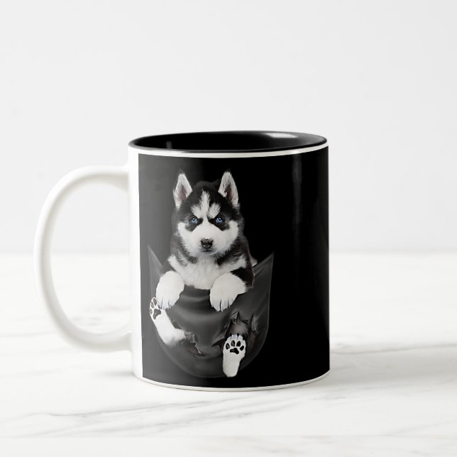 Siberian Husky In Pocket Puppy Two-Tone Coffee Mug (Left)