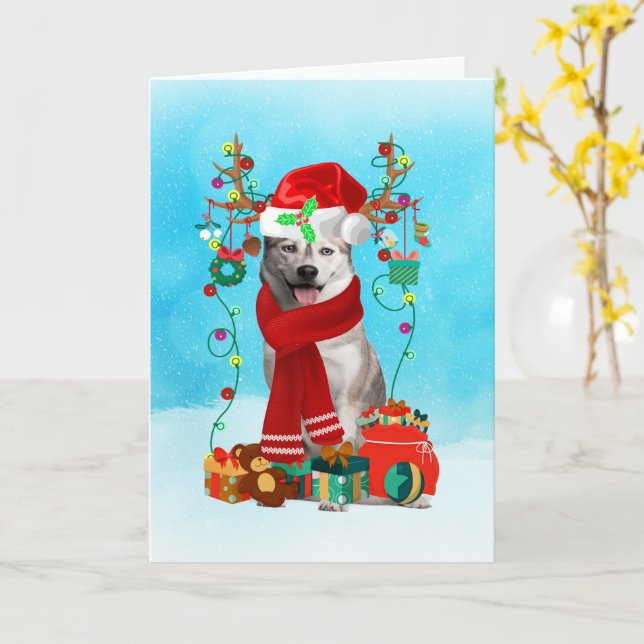 siberian husky in snow with Christmas gifts  Card (Yellow Flower)