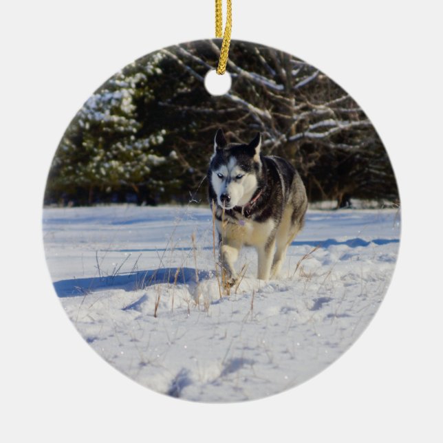 Siberian Husky In The Snow Ceramic Tree Decoration (Front)