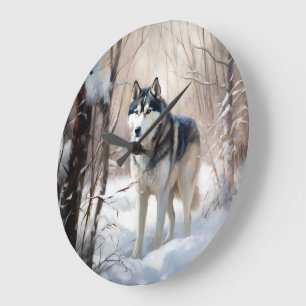 Siberian Husky Let It Snow Christmas Large Clock