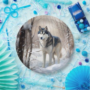 Siberian Husky Let It Snow Christmas Paper Plate