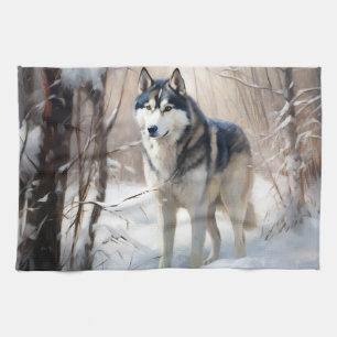 Siberian Husky Let It Snow Christmas Tea Towel
