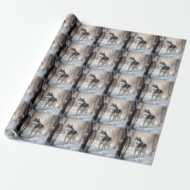 Siberian Husky Let It Snow Christmas Wrapping Paper (Unrolled)