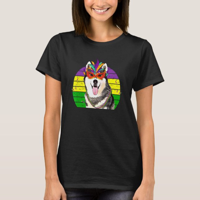 Siberian Husky Mardi Gras Party Dog Mask Beads T-Shirt (Front)
