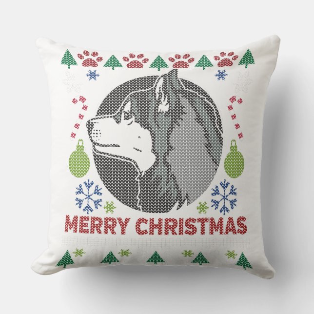 Siberian Husky Merry Christmas Ugly Sweater Design Cushion (Front)