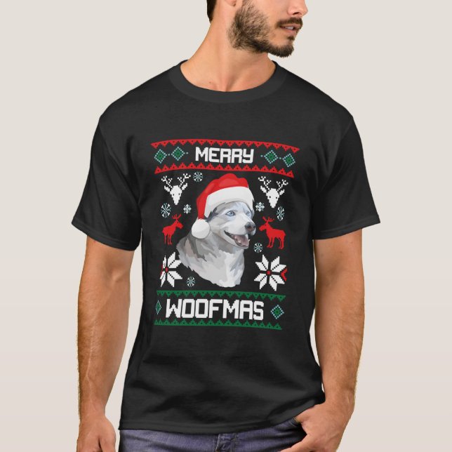 Siberian Husky Merry Woofmas For T-Shirt (Front)