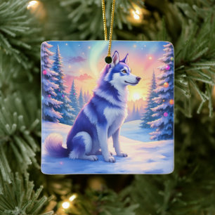 Siberian Husky Northern Lights Christmas Winter Ceramic Ornament