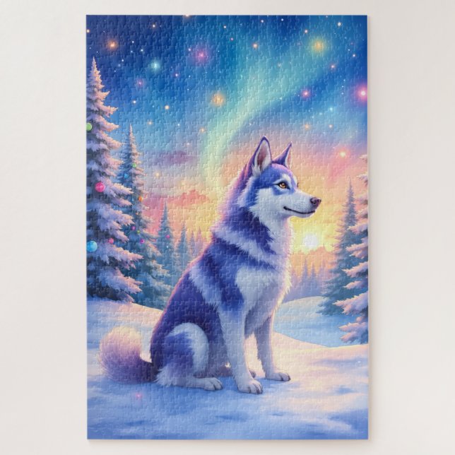 Siberian Husky Northern Lights Christmas Winter Jigsaw Puzzle (Vertical)