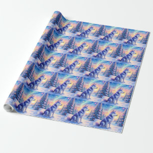 Siberian Husky Northern Lights Christmas Winter Wrapping Paper