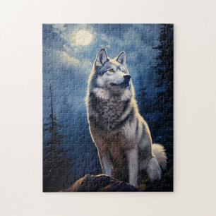 Siberian Husky on a moonlit night Jigsaw Puzzle