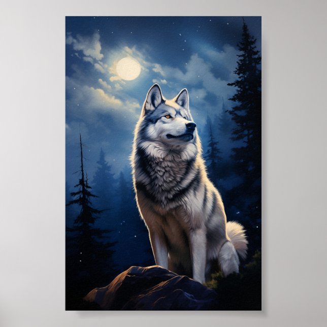 Siberian Husky on a moonlit night Poster (Front)