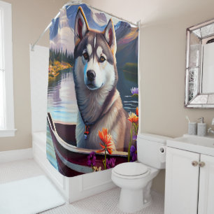 Siberian Husky on a Paddle: A Scenic Adventure Shower Curtain