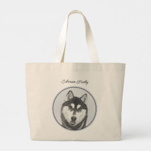 Siberian Husky Painting Black and White Dog Art Large Tote Bag
