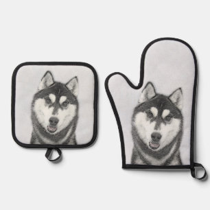 Siberian Husky Painting Black and White Dog Art Oven Mitt & Pot Holder Set
