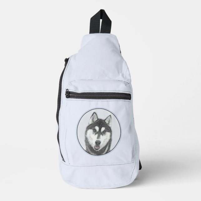 Siberian Husky Painting Black and White Dog Art Sling Bag (Front)