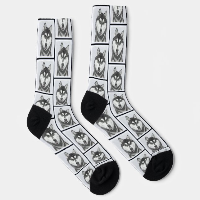 Siberian Husky Painting Black and White Dog Art Socks (Right)