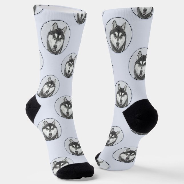 Siberian Husky Painting Black and White Dog Art Socks (Angled)