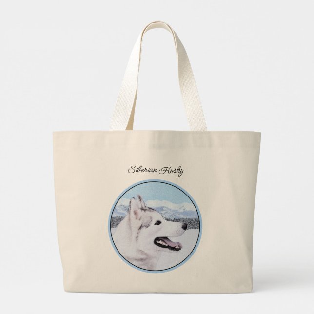 Siberian Husky Painting Silver and White Dog Art Large Tote Bag (Back)