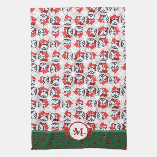 Siberian Husky Pattern Monogram Christmas Dog Tea Towel (Vertical)