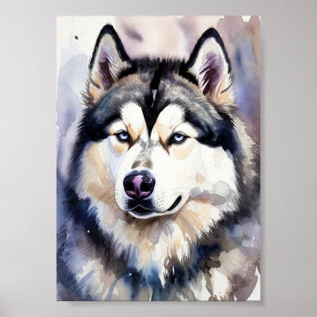 Siberian Husky Portrait Watercolor Fine Art - Blue Poster (Front)
