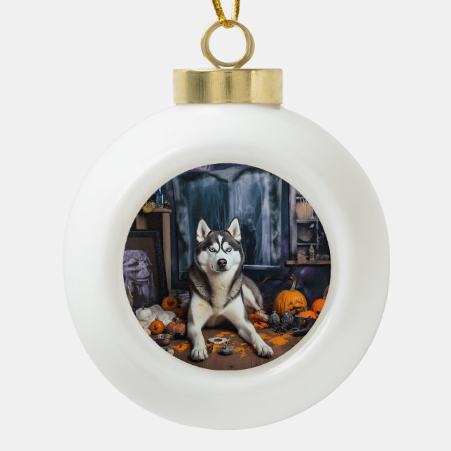 Siberian Husky Pumpkins Halloween Scary Ceramic Ball Christmas Ornament (Front)