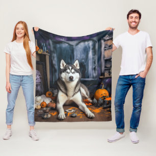 Siberian Husky Pumpkins Halloween Scary Fleece Blanket