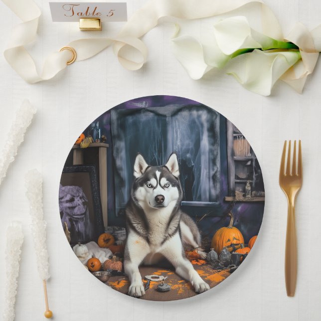 Siberian Husky Pumpkins Halloween Scary Paper Plate (Wedding)