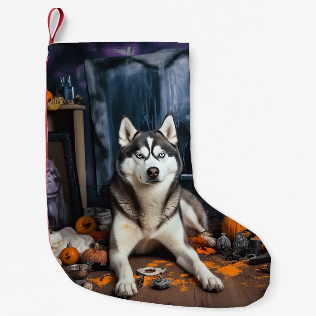 Siberian Husky Pumpkins Halloween Scary Small Christmas Stocking (Front)