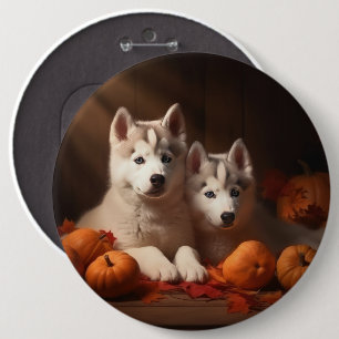 Siberian Husky Puppy Autumn Delight Pumpkin  6 Cm Round Badge