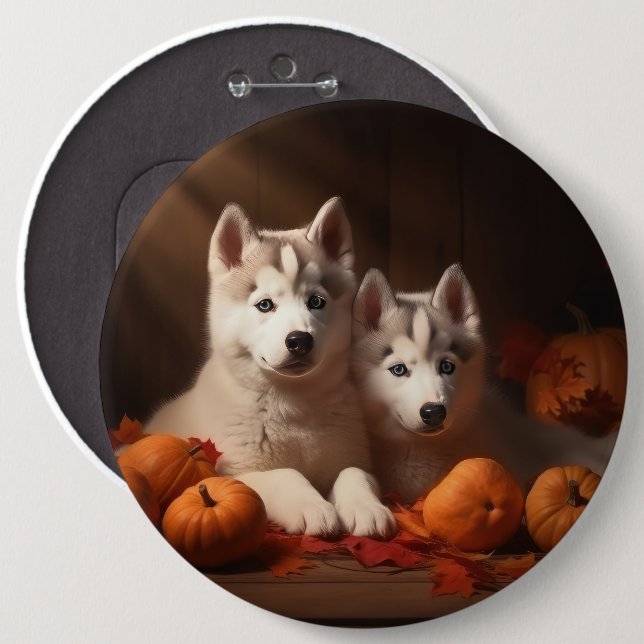 Siberian Husky Puppy Autumn Delight Pumpkin  6 Cm Round Badge (Front & Back)